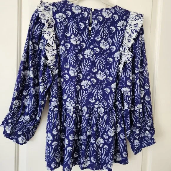 Boho Floral Peplum Top Ruffled Cottage Core Blue Prairie Feminine Romantic XS - Picture 2 of 12